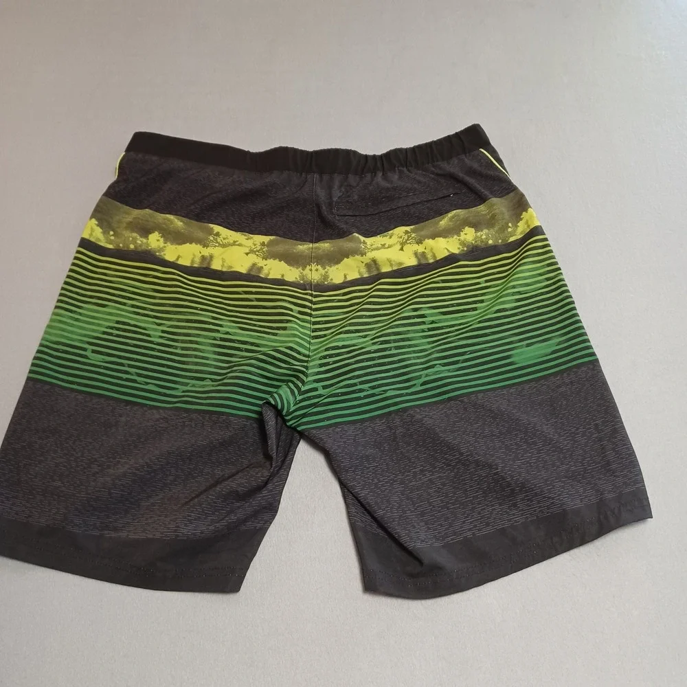 ZeroXposur Mens Board Shorts XL Black Grn Neon Striped Swim Trunks Zipper Pocket